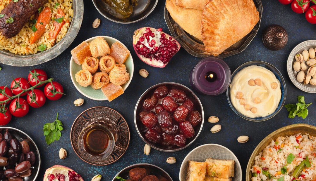 Halal food spread out on table.